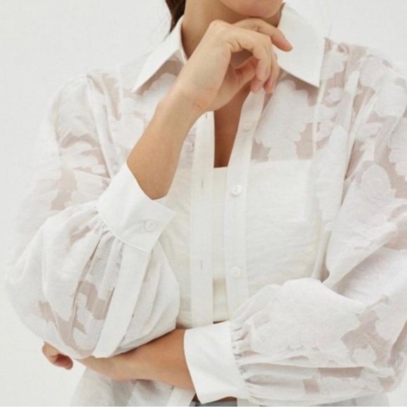 Dream By Sister Jane Tops - Dream By Sister Jane White Sheer Floral Blouse with Bell Sleeves